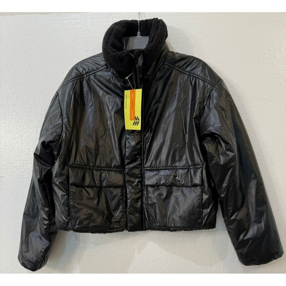 NWT All In Motion Shiny Black Crop Fleece Lined‎ Puffer Jacket Size Large